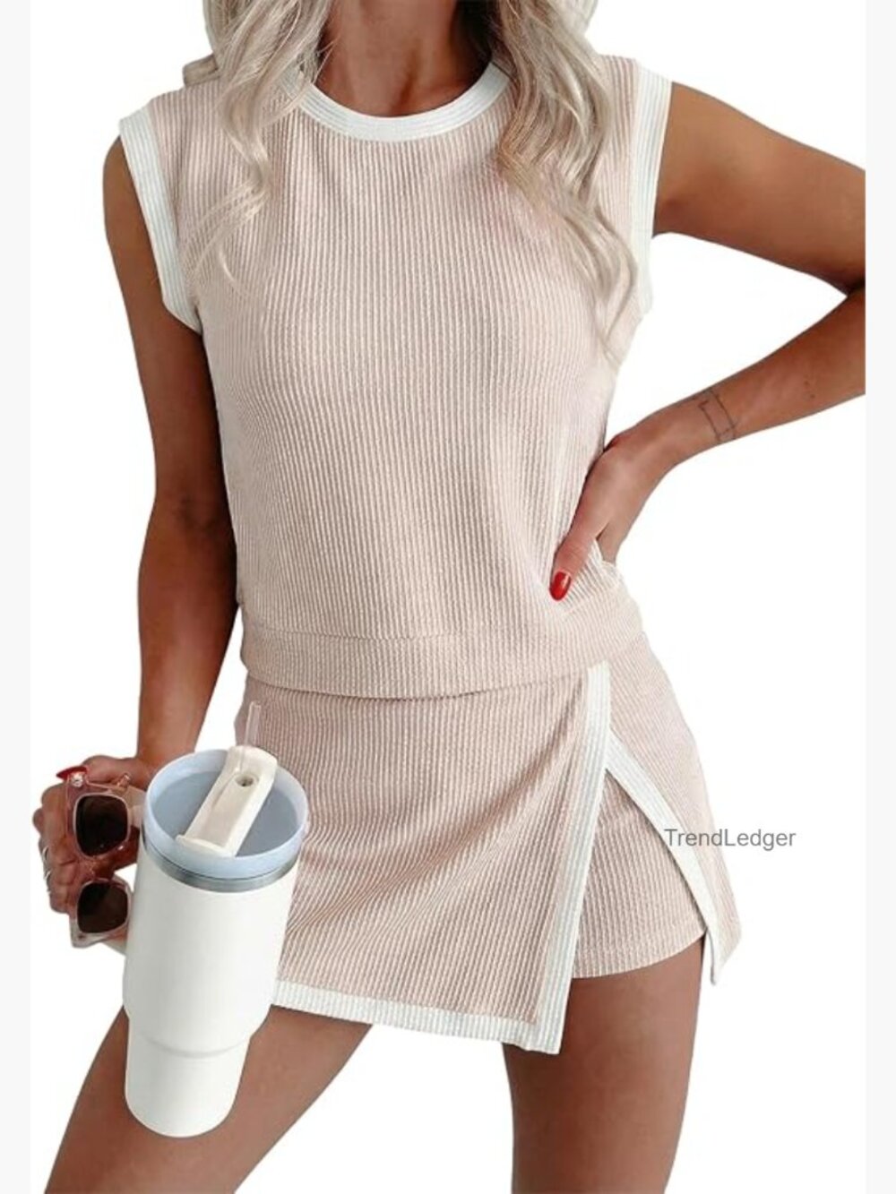 2 Piece Ribbed Knit Tank & Split Skirt Set